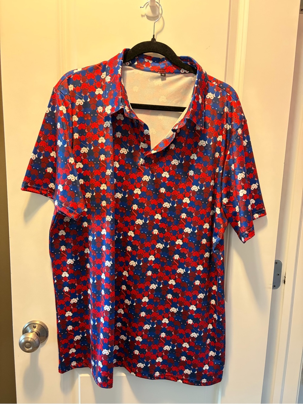 Men's Red and Blue Patterned Polo Shirt